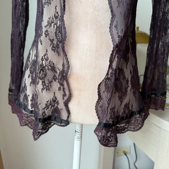 Whimsygoth Burgundy Sheer Lace Blouse Romantic Witchy Long Sleeve Top Coquette - Picture 7 of 10